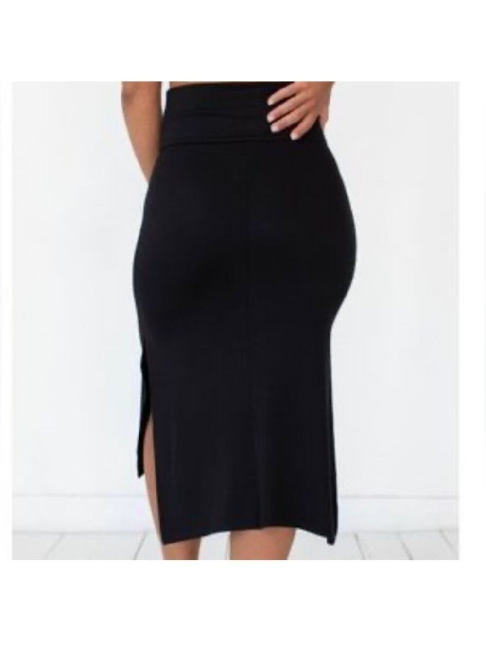Savvi medium Black Midi Skirt W/ Side Slit Stretch high waist (CC1044) - Picture 2 of 11